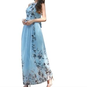 Floerns Light Blue Floral Halter Maxi Dress Large